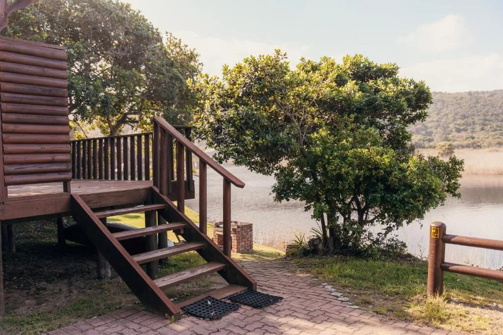 Wooden deck with stairs overlooking tranquil lagoon surrounded by lush green trees