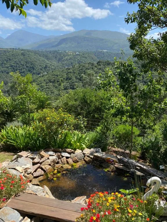 Verdant mountain valley landscape with forested slopes and distant peaks