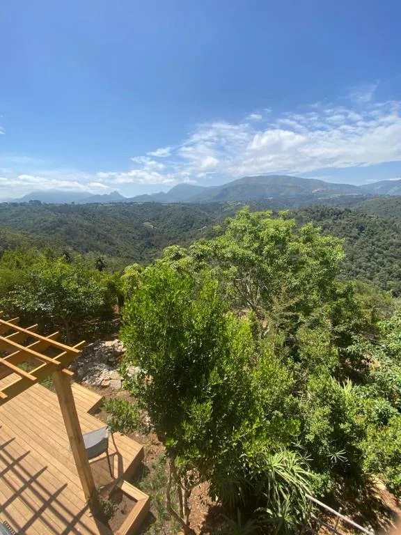 Lush forested mountains and valleys stretching toward distant peaks under blue sky