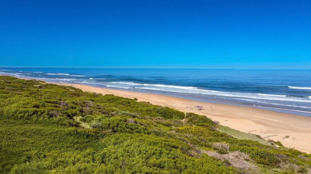 Sweeping coastal vista of pristine beach, rolling dunes, and turquoise ocean