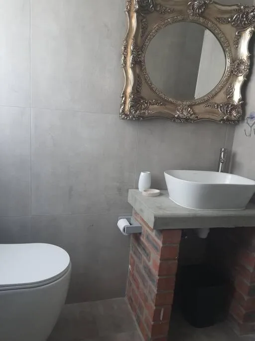 Modern bathroom with white vessel sink, ornate gold-framed mirror, and toilet