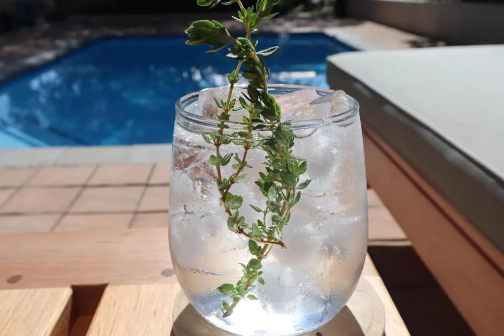 Refreshing cocktail with fresh herbs beside the heated swimming pool
