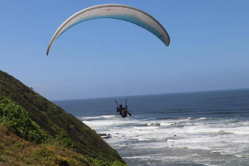 Paraglider soaring over pristine beach with rolling waves and coastal cliffs