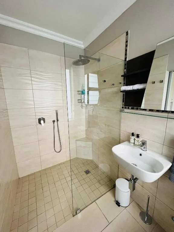 Modern bathroom with walk-in shower, white basin, and heated towel rail