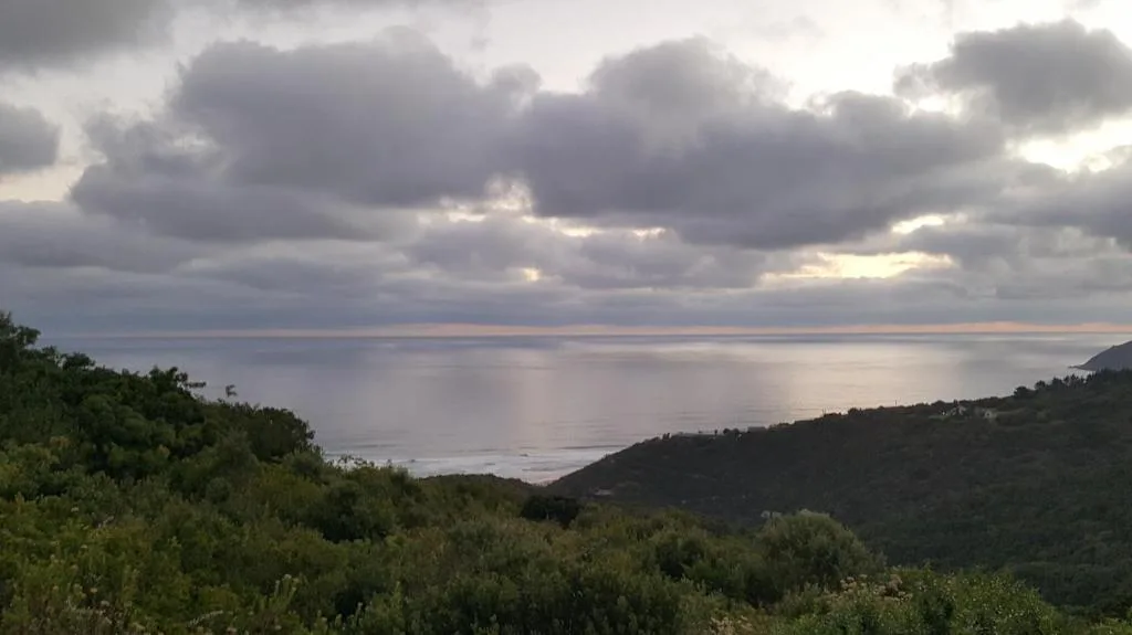 Expansive ocean view between forested hills under dramatic cloudy sky
