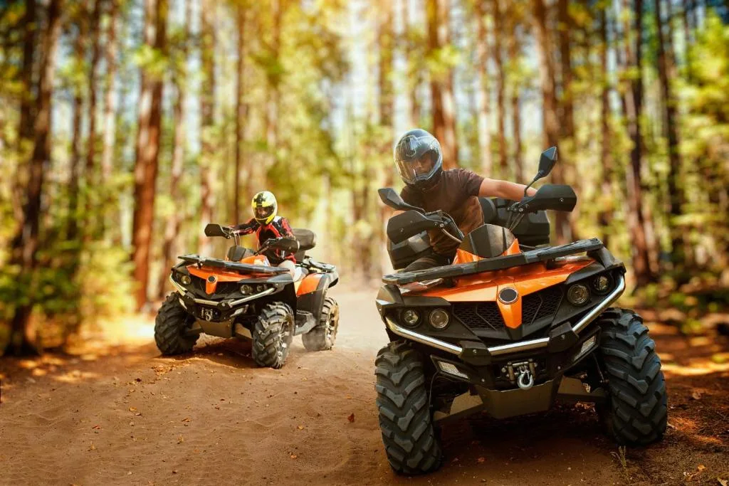 Two people riding orange and black quad bikes on forest trail