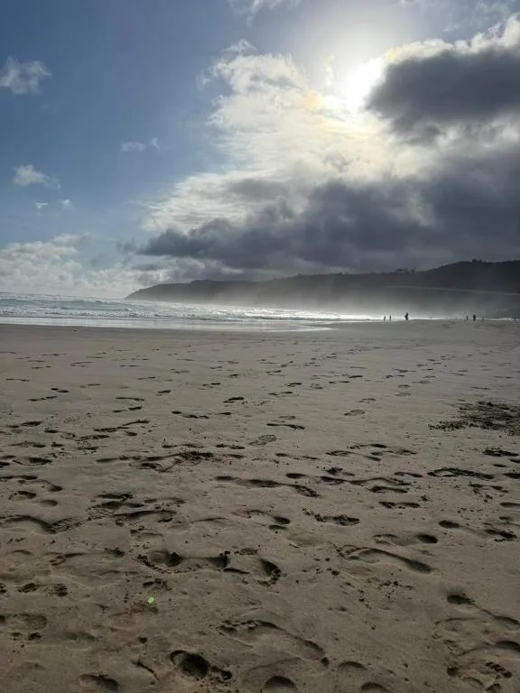Expansive beach vista with dramatic clouds and distant headlands