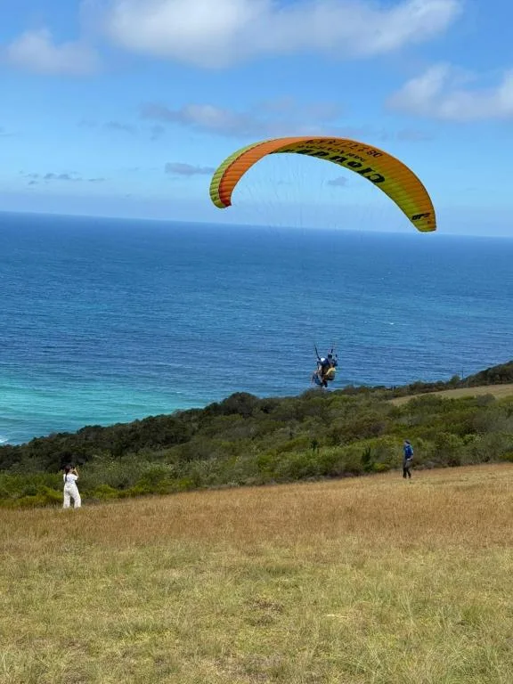 Paraglider soaring above turquoise ocean with coastal cliffs
