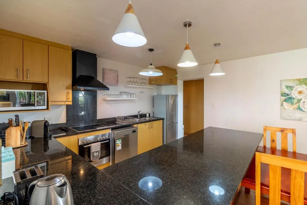 Modern kitchen with wooden cabinetry, dark countertops, stainless steel appliances, pendant lighting