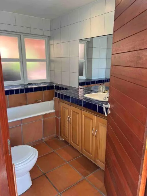 Bathroom with terracotta tiles, wooden vanity, and bathtub with window