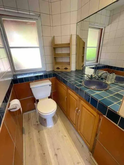 Bathroom with blue tile counters, wooden vanity, and toilet