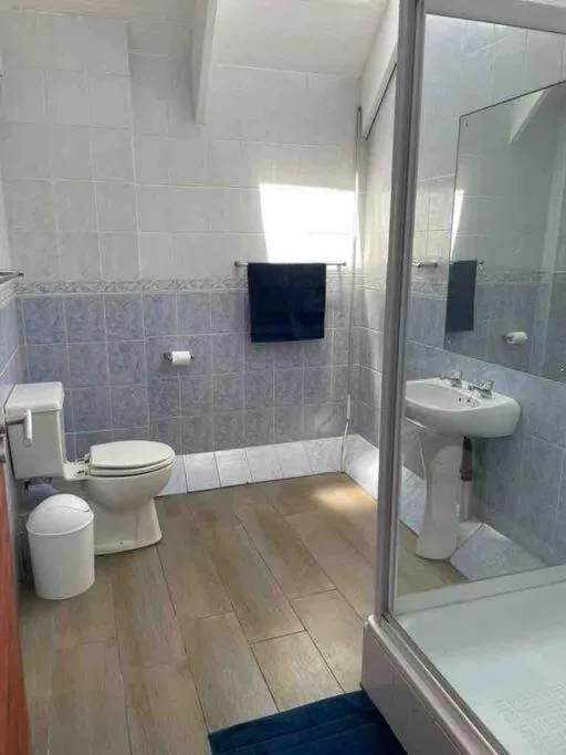 Spacious bathroom with toilet, pedestal sink, and walk-in shower enclosure