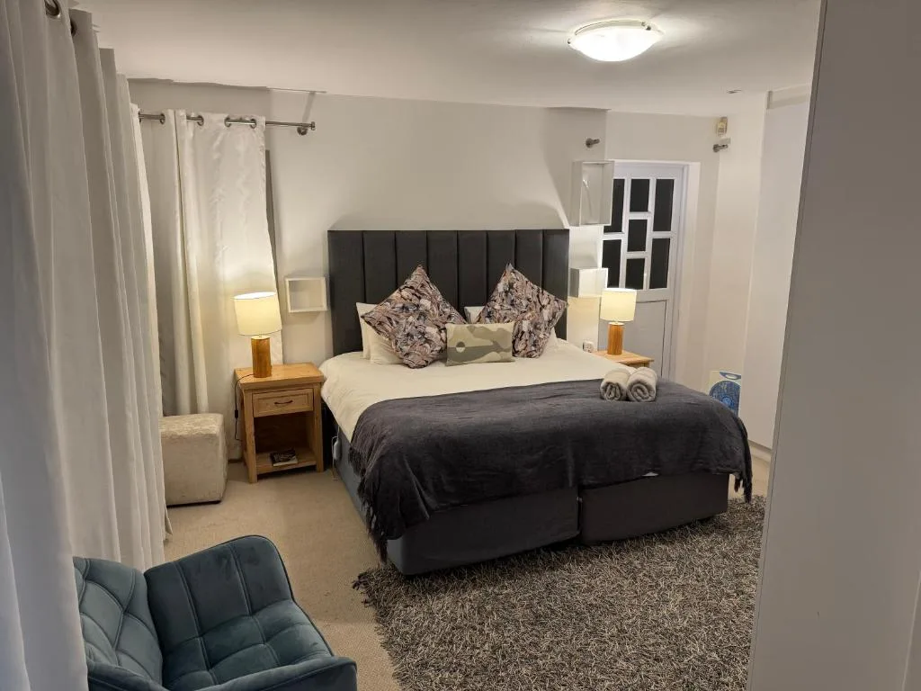 Modern bedroom with black upholstered bed, patterned cushions, and bedside lamps