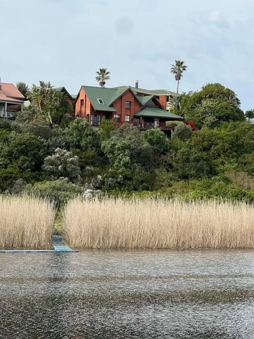 Red brick house on hillside overlooking river with reeds and palm trees
