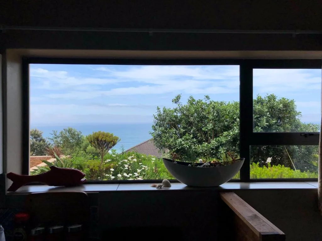 Ocean and garden vista through large windows with potted plants