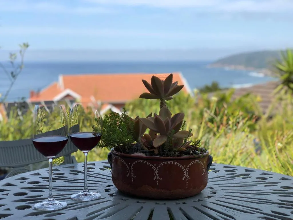 Ocean and mountain vista from cottage deck with wine glasses and succulents